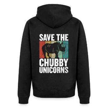 Speichern Sie Die Molligen Einhörner Fat Rino - Unisex Premium Bio Zip Hoodie - Schwarz - Hinten - Nico (187cm)