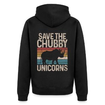 Speichern Sie Die Molligen Einhörner Fat Rino - Unisex Premium Bio Zip Hoodie - Schwarz - Hinten - Nico (187cm)