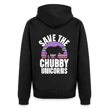 Speichern Sie Die Molligen Einhörner Fat Rino - Unisex Premium Bio Zip Hoodie - Schwarz - Hinten - Nico (187cm)