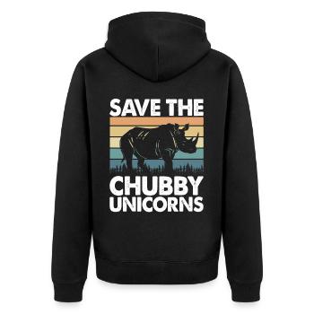 Speichern Sie Die Molligen Einhörner Fat Rino - Unisex Premium Bio Zip Hoodie - Schwarz - Hinten - Nico (187cm)