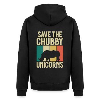 Speichern Sie Die Molligen Einhörner Fat Rino - Unisex Premium Bio Zip Hoodie - Schwarz - Hinten - Nico (187cm)