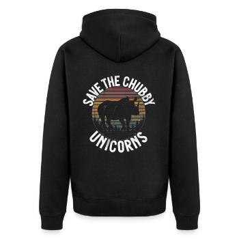 Speichern Sie Die Molligen Einhörner Fat Rino - Unisex Premium Bio Zip Hoodie - Schwarz - Hinten - Nico (187cm)