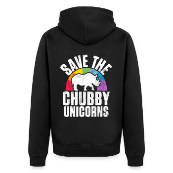 Speichern Sie Die Molligen Einhörner Fat Rino - Unisex Premium Bio Zip Hoodie - Schwarz - Hinten - Nico (187cm)