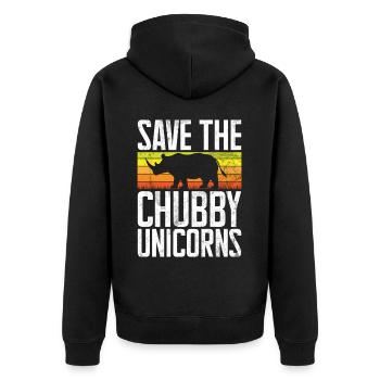 Speichern Sie Die Molligen Einhörner Fat Rino - Unisex Premium Bio Zip Hoodie - Schwarz - Hinten - Nico (187cm)