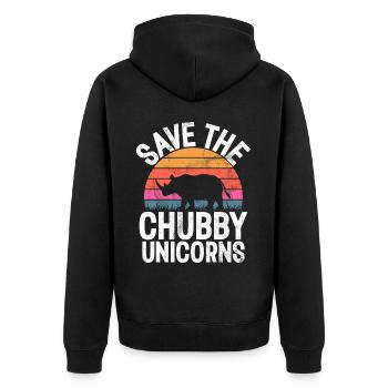 Speichern Sie Die Molligen Einhörner Fat Rino - Unisex Premium Bio Zip Hoodie - Schwarz - Hinten - Nico (187cm)
