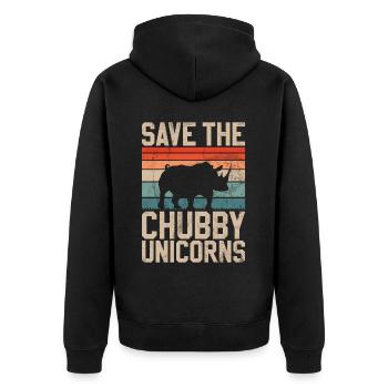 Speichern Sie Die Molligen Einhörner Fat Rino - Unisex Premium Bio Zip Hoodie - Schwarz - Hinten - Nico (187cm)