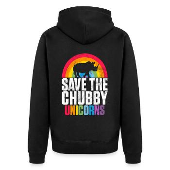Speichern Sie Die Molligen Einhörner Fat Rino - Unisex Premium Bio Zip Hoodie - Schwarz - Hinten - Nico (187cm)
