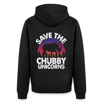 Speichern Sie Die Molligen Einhörner Fat Rino - Unisex Premium Bio Zip Hoodie - Schwarz - Hinten - Nico (187cm)