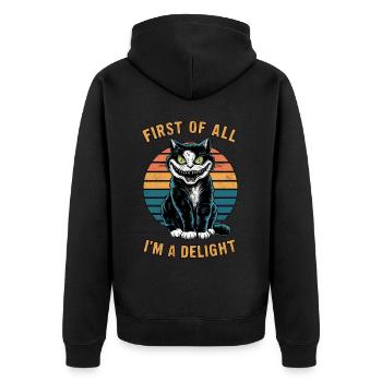 Zunächst einmal bin ich eine Freude Gruseliger Katzenhumor - Unisex Premium Bio Zip Hoodie - Schwarz - Hinten - Nico (187cm)