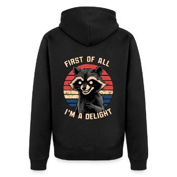 Zunächst einmal bin ich ein Genuss Lustiger Humor Waschbär - Unisex Premium Bio Zip Hoodie - Schwarz - Hinten - Nico (187cm)