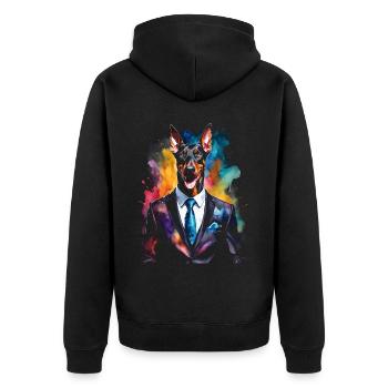 Dobermann Anzug Hund Bunt Lustig Tier Design Print - Unisex Premium Bio Zip Hoodie - Schwarz - Hinten - Nico (187cm)
