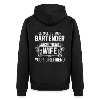 Bartender Mixologist Be Nice To - Unisex Premium Bio Zip Hoodie - Schwarz - Hinten - Nico (187cm)