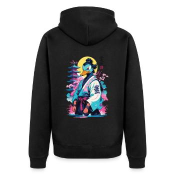 Samurai Duck In Aesthetic Vaporwave Style - Unisex Premium Organic Zip Hoodie - black - Back - Nico (187cm)