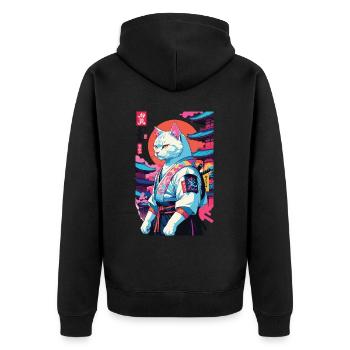 Samurai Katze Vaporwave Aesthetic Japan Kunst - Unisex Premium Bio Zip Hoodie - Schwarz - Hinten - Nico (187cm)