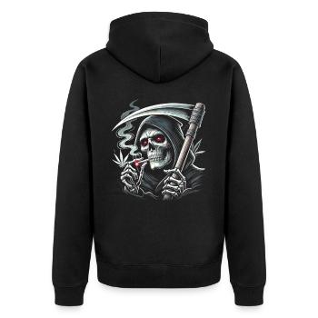 Schwarzer Humor rauchender Sensenmann zu Halloween - Unisex Premium Bio Zip Hoodie - Schwarz - Hinten - Nico (187cm)