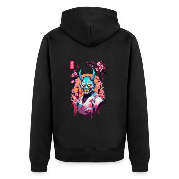Oni Samurai Vaporwave Aesthetic Japan Kultur - Unisex Premium Bio Zip Hoodie - Schwarz - Hinten - Nico (187cm)