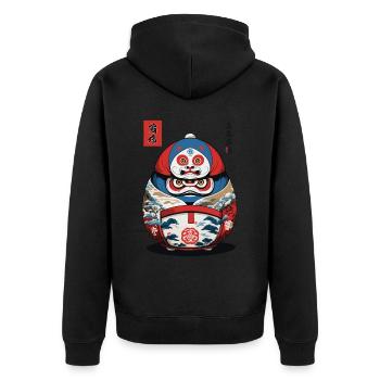 Japanischer Daruma Aesthetic Yokai Streetwear - Unisex Premium Bio Zip Hoodie - Schwarz - Hinten - Nico (187cm)