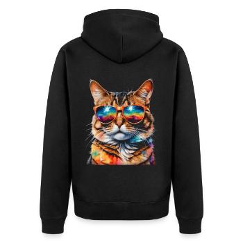 Katze Sonnenbrille Bunt Lustig Tier Design Print - Unisex Premium Bio Zip Hoodie - Schwarz - Hinten - Nico (187cm)