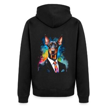 Dobermann Anzug Hund Bunt Lustig Tier Design Print - Unisex Premium Bio Zip Hoodie - Schwarz - Hinten - Nico (187cm)