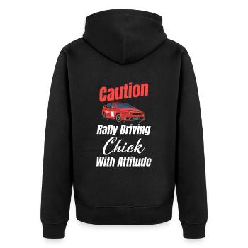 Attention, rally driving girl with - Unisex Premium Organic Zip Hoodie - black - Back - Nico (187cm)