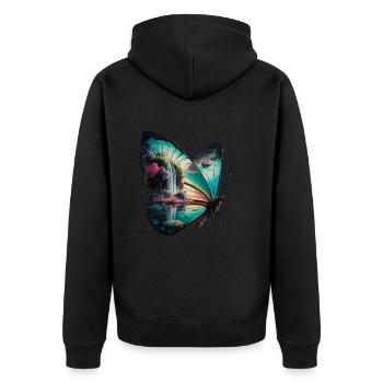 Schmetterling Wasserfall Naturszene - Unisex Premium Bio Zip Hoodie - Schwarz - Hinten - Nico (187cm)