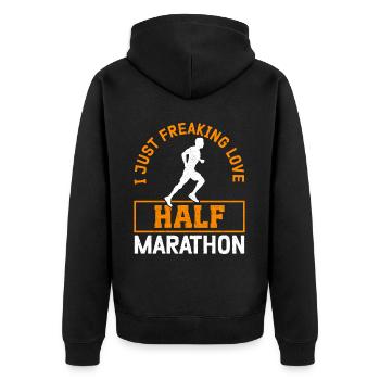 Halbmarathon Halb-Marathon Läufer Geschenk - Unisex Premium Bio Zip Hoodie - Schwarz - Hinten - Nico (187cm)