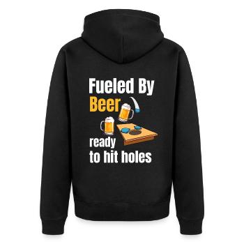 Angetrieben Von Bier, Bereit, Löcher Zu Schlagen. - Unisex Premium Bio Zip Hoodie - Schwarz - Hinten - Nico (187cm)