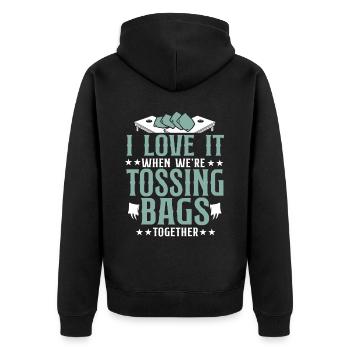 Cornhole Team Bean Bag Player - Unisex Premium Bio Zip Hoodie - Schwarz - Hinten - Nico (187cm)