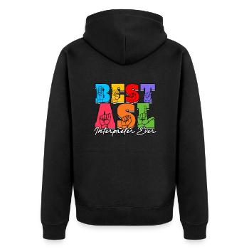 ASL Dolmetscher Gebärdensprache - Unisex Premium Bio Zip Hoodie - Schwarz - Hinten - Nico (187cm)