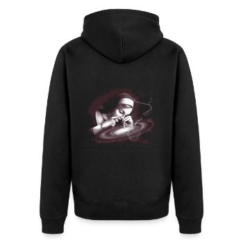 Nonne Kunst trifft auf Kontroverse - Unisex Premium Bio Zip Hoodie - Schwarz - Hinten - Nico (187cm)
