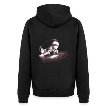 Nonne Kunst trifft auf Kontroverse - Unisex Premium Bio Zip Hoodie - Schwarz - Hinten - Nico (187cm)