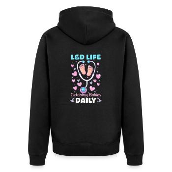 L&D Krankenschwester L&D Life: Täglich Babys einfangen - Unisex Premium Bio Zip Hoodie - Schwarz - Hinten - Nico (187cm)