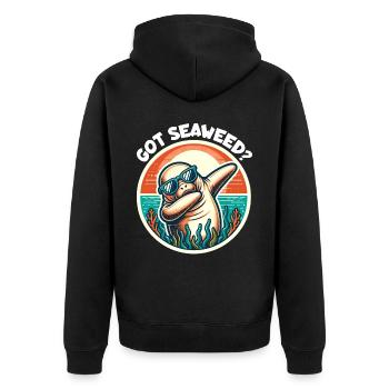 Seekuh Spruch Dugong - Unisex Premium Bio Zip Hoodie - Schwarz - Hinten - Nico (187cm)