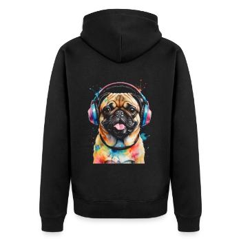 Mops Kopfhörer Hund Bunt Lustig Tier Design Print - Unisex Premium Bio Zip Hoodie - Schwarz - Hinten - Nico (187cm)