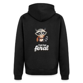 Lustiger Waschbär Kaffee Trinker - Cute but feral - Unisex Premium Bio Zip Hoodie - Schwarz - Hinten - Nico (187cm)