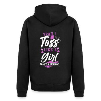 Cornhole Team Bean Bag Player - Unisex Premium Bio Zip Hoodie - Schwarz - Hinten - Nico (187cm)