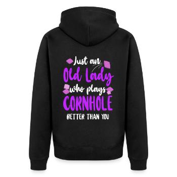 Cornhole Team Bean Bag Player - Unisex Premium Bio Zip Hoodie - Schwarz - Hinten - Nico (187cm)