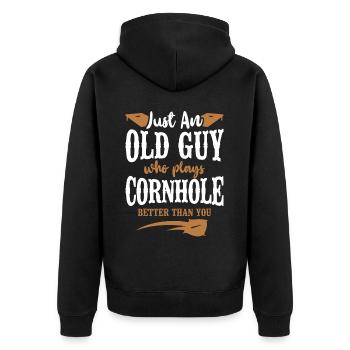 Cornhole Team Bean Bag Player - Unisex Premium Bio Zip Hoodie - Schwarz - Hinten - Nico (187cm)