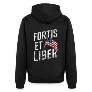Amerikanische Flagge Fortis et Liber Patriotische Freiheit - Unisex Premium Bio Zip Hoodie - Schwarz - Hinten - Nico (187cm)