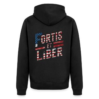 Amerikanische Flagge Fortis et Liber Patriotische Phrase - Unisex Premium Bio Zip Hoodie - Schwarz - Hinten - Nico (187cm)