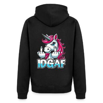 Einhorn Unicorn Idgaf - Unisex Premium Bio Zip Hoodie - Schwarz - Hinten - Nico (187cm)