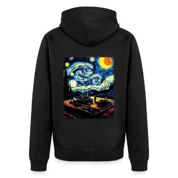 Dj Disc Jockey Plattenspieler Sternennacht Malerei - Unisex Premium Bio Zip Hoodie - Schwarz - Hinten - Nico (187cm)