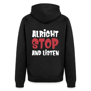 T Shirt for Bewä Okay, Stop Regulating - Unisex Premium Organic Zip Hoodie - black - Back - Nico (187cm)