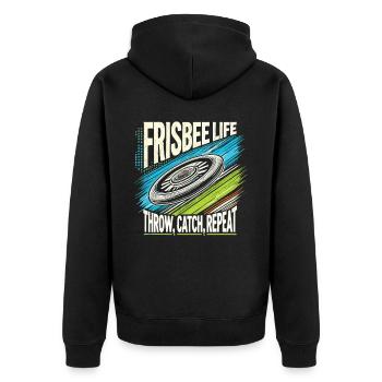 Frisbee Life - Throw, Catch, Repeat - Unisex Premium Bio Zip Hoodie - Schwarz - Hinten - Nico (187cm)