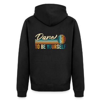 Vintage "Dare To Be Yourself" Mutig Einzigartig - Unisex Premium Bio Zip Hoodie - Schwarz - Hinten - Nico (187cm)