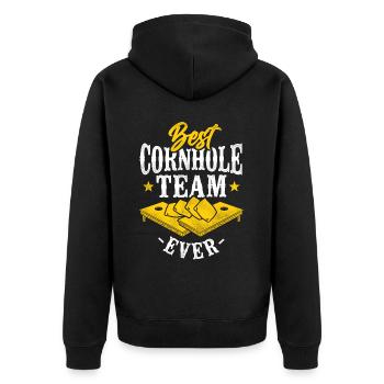Cornhole Team Bean Bag Player - Unisex Premium Bio Zip Hoodie - Schwarz - Hinten - Nico (187cm)