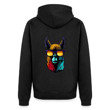 Cooles Lama Alpaka trägt Sonnenbrille Retro Design - Unisex Premium Bio Zip Hoodie - Schwarz - Hinten - Nico (187cm)