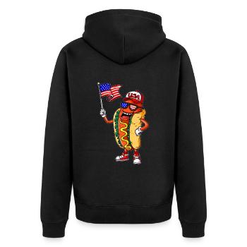 Hotdog mit Amerika Fahne USA Mütze Patrioten Shirt - Unisex Premium Bio Zip Hoodie - Schwarz - Hinten - Nico (187cm)