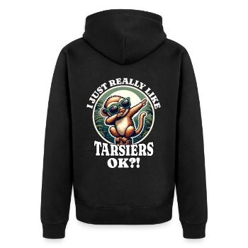 Ich Liebe Koboldmaki Spruch - Unisex Premium Bio Zip Hoodie - Schwarz - Hinten - Nico (187cm)