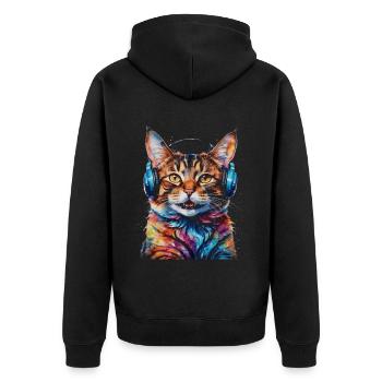 Katze Kopfhörer Bunt Lustig Tier Design Print - Unisex Premium Bio Zip Hoodie - Schwarz - Hinten - Nico (187cm)